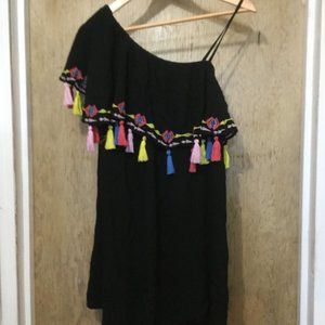 NWT Blue Island swim cover Black with tassels one strap and one shoulder size M